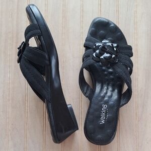 Walking Cradles Black Leather Floral Comfy Slide Wedge Short Heel Classy Sandals